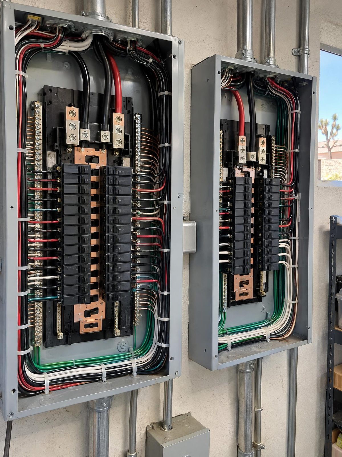 Open distribution panels with fresh, neatly dressed wiring