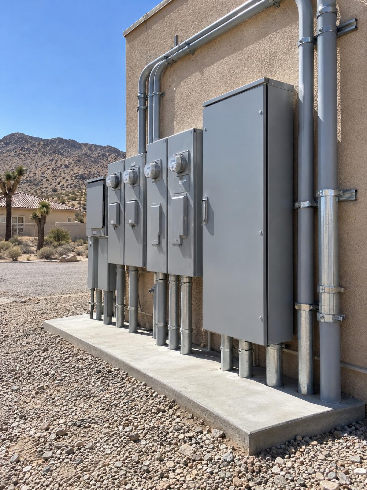 Outdoor service equipment with conduit runs, desert hills behind